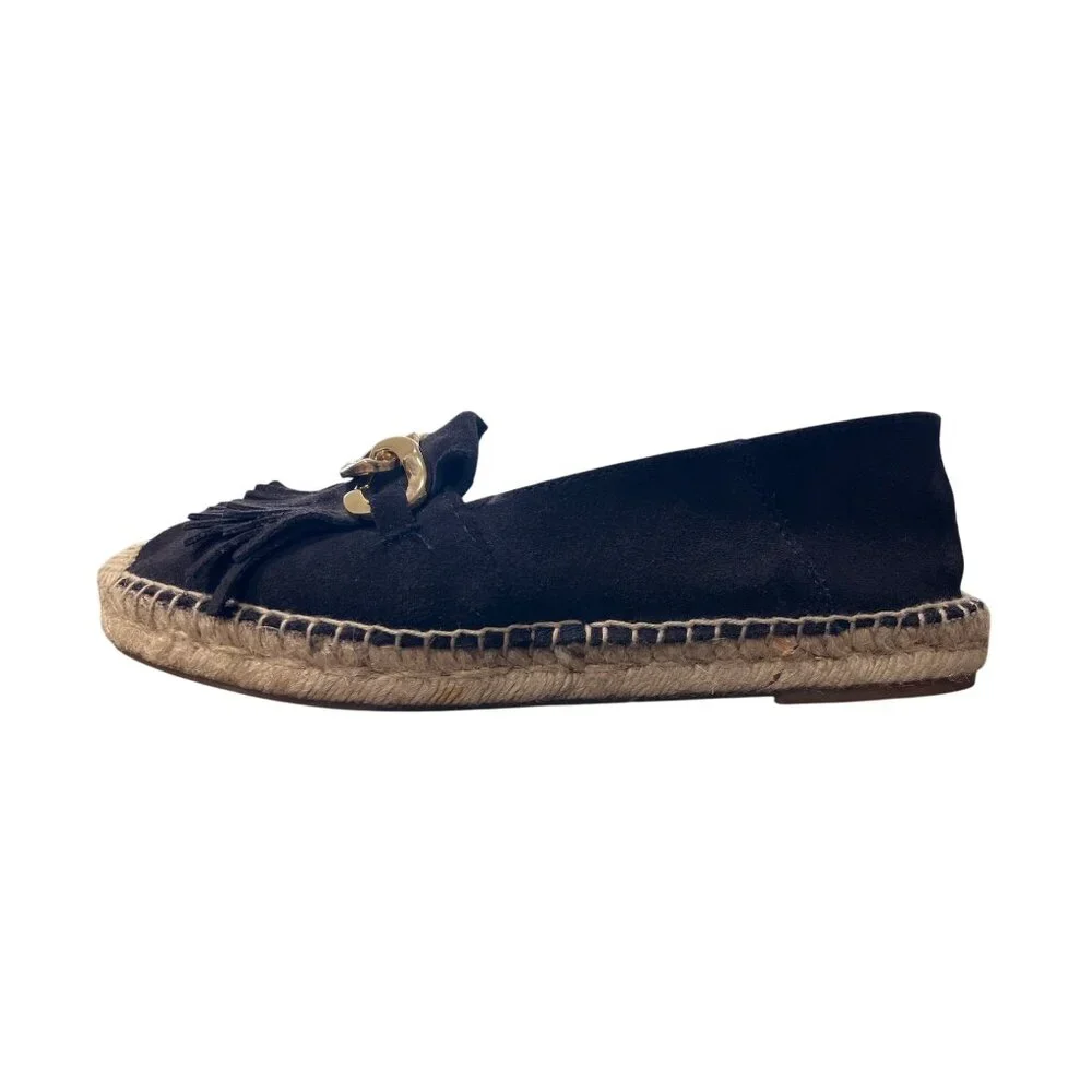 Massimo Dutti Black Suede Espadrille Loafer Gold-Chain Fringe EU 38 / US 7.5